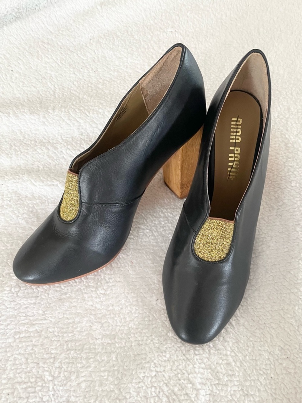 Anthropologie Nina Payne Erela Black Leather Wood Block Heels, Size EU40/US9